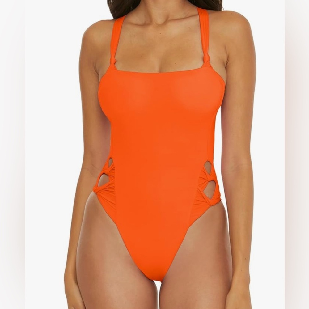 BECCA Bright Orange Knot-Shoulder One-Piece Swimsuit